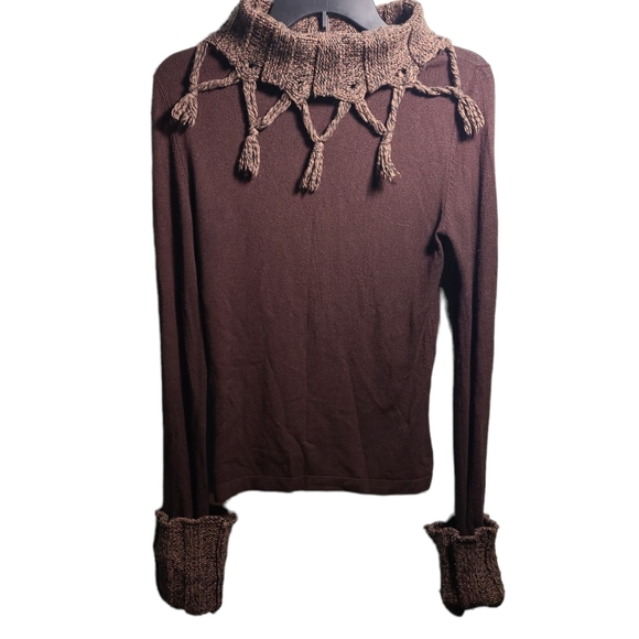 Buffalo David Brown Sweater Cable Knit Fringe Turtle Neck Vintage S - Picture 2 of 5